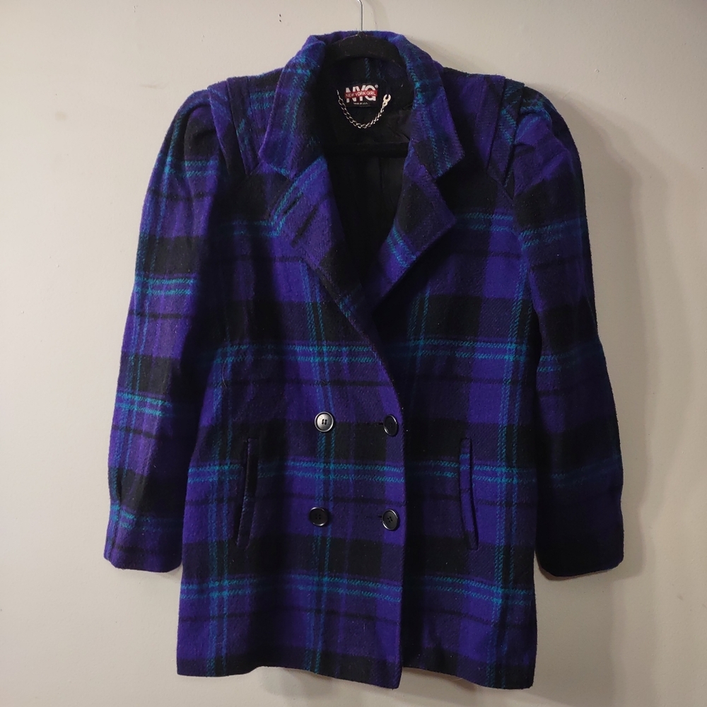 Vintage New York Girl Wool Blend Purple Plaid Coat, Size 8